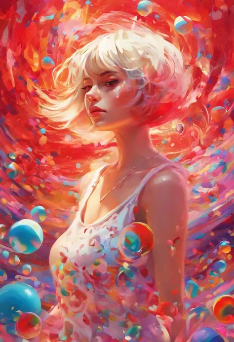 ((Top  Quality, 8K)), (realisitic), (sface focus: 1.1), (Red and white:1.3), A girl with, short-hair, hair fluttering in the wind, (sleeveless: 1.1)、skirt, C-cup chest, Countless soap bubbles,