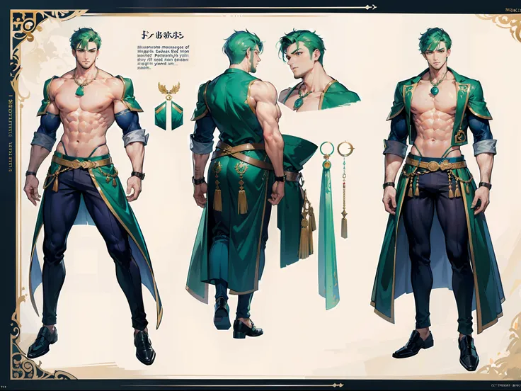 ((Masterpiece, Highest quality)), Detailed face, character design sheet， full bodyesbian, Full of details, frontal body view, back body view, Highly detailed, Depth, Many parts, Muscle boy with green hair，handsome man, navy, commander, man tall, pectoral m...