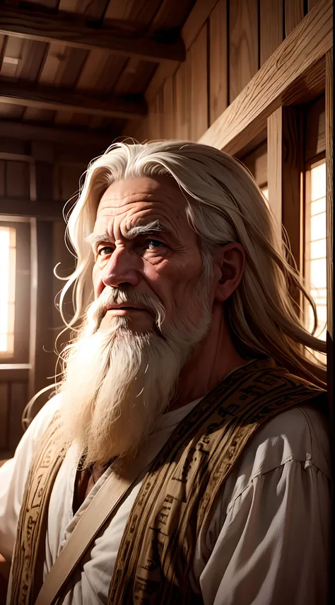 noah, Biblical character, old man, cabelo e barba longos, inside Noahs ark, numa cama deitado, doente, sentido dor.