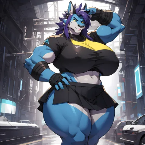 masterpiece, best quality, 4k, 8k, ultra highres, raw photo in hdr, solo, anthro, cow, techno-barbarian, blue steel hair, blue body, twilight blue belly and blue and yellow eyes, wearing a neon purple crop top, microskirt over, tall curvy figure, huge brea...