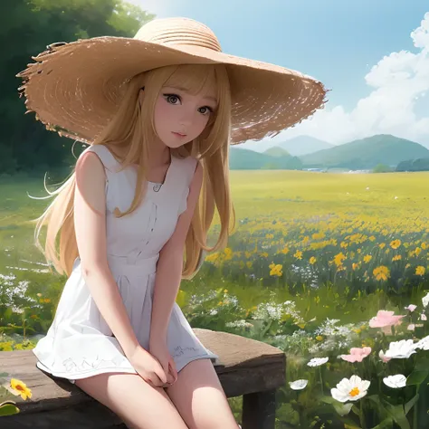 There was a girl sitting on a bench in a flower field, Beautiful anime girl, Blonde anime girl with long hair, Guviz-style artwork, Smooth anime CG art, beautiful sunflower anime girl, Beautiful anime, drawn in anime painter studio, pretty anime girl, Beau...