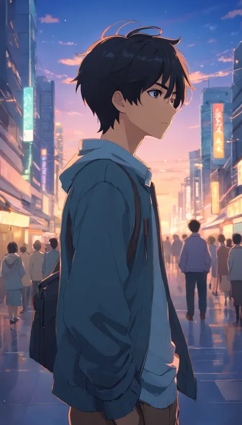 1man,masterpiece,best quality, ultra high res, dusk,cityscape,depth of field, short black messy hair, solo male