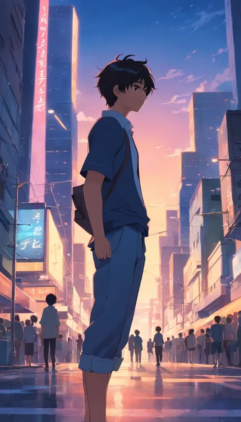 1man,masterpiece,best quality, ultra high res, dusk,cityscape,depth of field, short black messy hair, solo male