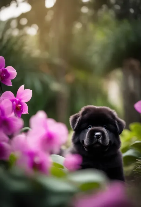 Chow chow black puppy with small pink bow on the right side of forehead. Chow chow black puppy in an orchid garden