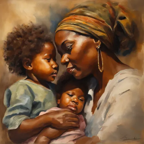 A closeup of mother holding two children in her arms, African, Negroid, African hair, Van Gogh Style, (Heavy Brushstrokes:1.2), Vibrant Colors, (Coarse Impasto:1.3), (Angled Composition:1.1), Dramatic Shadows, ( dramatic lighting:1.2), peaceful atmosphere,...