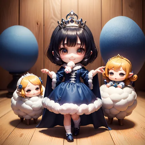 ​masterpiece、top-quality、ultra-detailliert、(Chibi Charas Daughter:1.2)、Chibi Living、Dark Blue Sauvage Hair, wraith、Pastel Tiara、Dragging the hand of a stuffed sheep、Stuffed sheep、Open your mouth and smile、Fluffy socks、