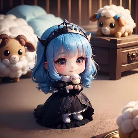 ​masterpiece、top-quality、ultra-detailliert、(Chibi Charas Daughter:1.2)、Chibi Living、Dark Blue Sauvage Hair, wraith、Pastel Tiara、Dragging the hand of a stuffed sheep、Stuffed sheep、Open your mouth and smile、Fluffy socks、