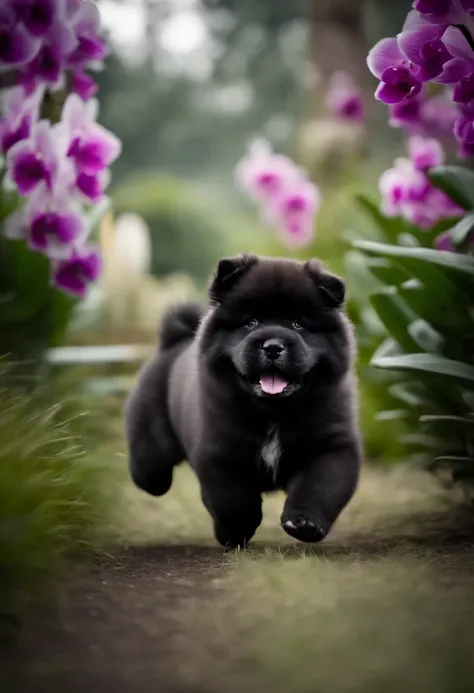 Chow chow black puppy with his tongue out running in an orchid garden