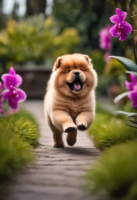 Chow chow black puppy with his tongue out running in an orchid garden