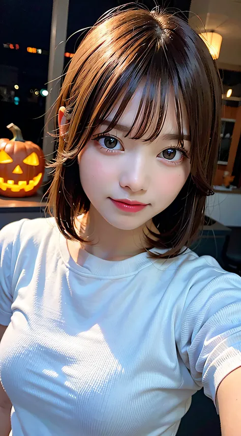 (8K, Raw photo:1.2)Detailed face and eyes,Best Quality, 超A high resolution, Highly detailed ,intricate detailes ,masutepiece ,Cute Girl , Soft cinematic light, Hyper-detailing,Sharp Focus, High quality,  Halloween, Jack-o-lantern, tits out, a blond, Bob Ha...