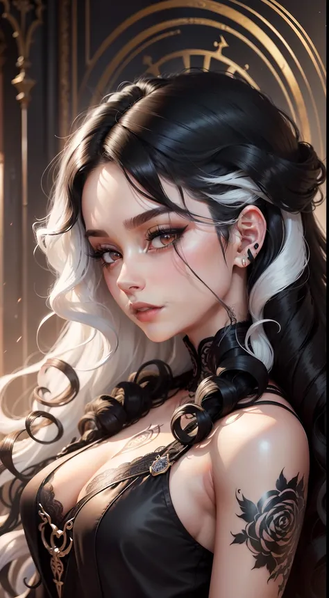 Close up of a woman with white hair and tattoos, detailed long black hair, curly dark hair, swirling black hair, black long curly hair, curly dark hair, Long dark hair and swirls, with black curled hair, Complex curly hair with long hair, Long black curly ...