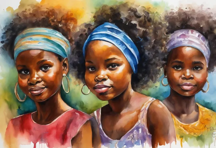 A closeup of three girls, children, wearing ribbons, African, Negroid, African hair, Van Gogh Style, (Heavy Brushstrokes:1.2), Vibrant Colors, (Coarse Impasto:1.3), (Angled Composition:1.1), Dramatic Shadows, ( dramatic lighting:1.2), peaceful atmosphere, ...