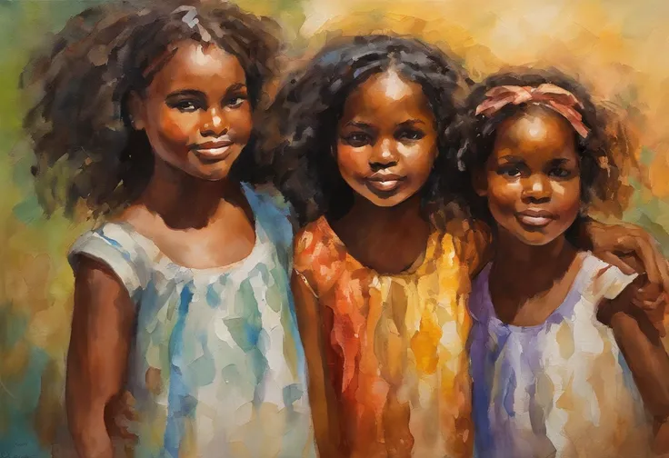 A closeup of three girls, children, wearing ribbons, African, Negroid, African hair, Van Gogh Style, (Heavy Brushstrokes:1.2), Vibrant Colors, (Coarse Impasto:1.3), (Angled Composition:1.1), Dramatic Shadows, ( dramatic lighting:1.2), peaceful atmosphere, ...