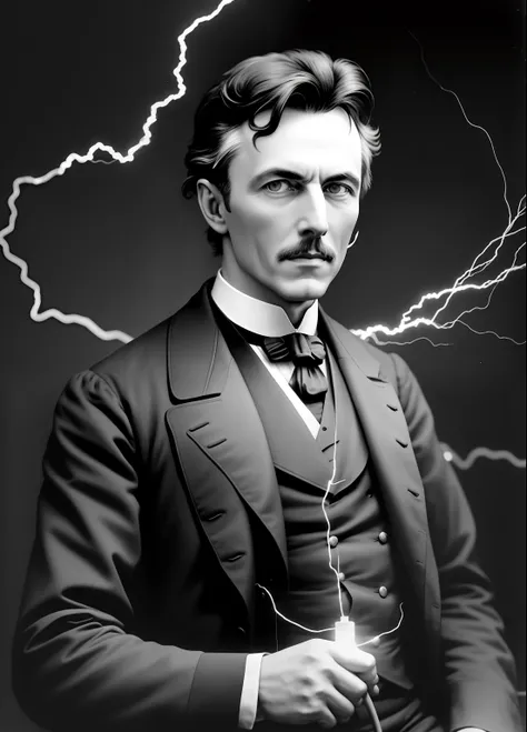 photo of nikolas tesla with a fluorescent lamp, and alternating current