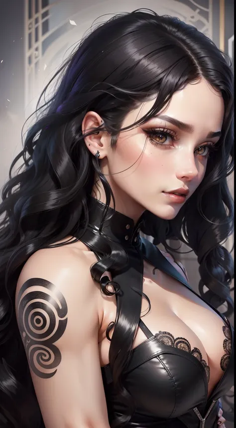 Close up of a woman with white hair and tattoos, detailed long black hair, curly dark hair, swirling black hair, black long curly hair, curly dark hair, Long dark hair and swirls, with black curled hair, Complex curly hair with long hair, Long black curly ...