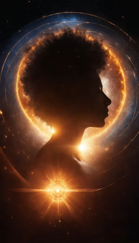 Silhouette of a human head in a huge circular light with many stars, The head is wrapped in a ring of fire, spirits coming out of portal, magical glowing time portal, Open a brilliant portal, round form, Involves the human head as a gateway to another univ...