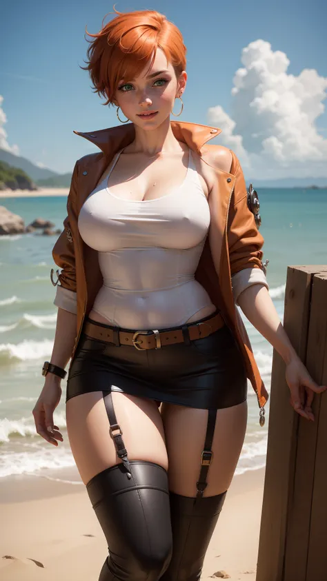 gwen tennyson,tracer,bulma,rebecca chambers,pirate outfit,beach,pirate jacket,teenager,1girl,green eyes, pearl earrings,garter belt,thigh high boots,short hair,orange hair,pirate ship,shy smile,wet shirt,white striped top,bodycon skirt,freckles,redhead,pir...