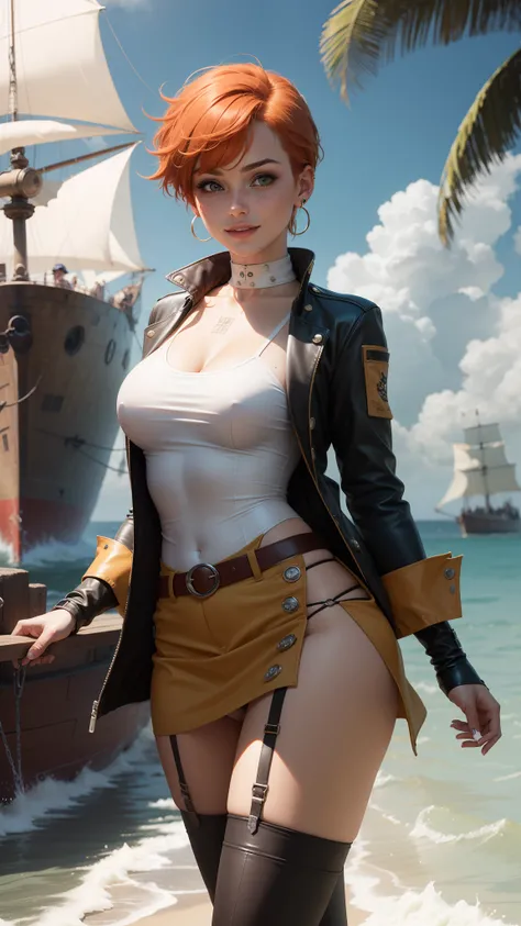 gwen tennyson,tracer,bulma,rebecca chambers,pirate outfit,beach,pirate jacket,teenager,1girl,green eyes, pearl earrings,garter belt,thigh high boots,short hair,orange hair,pirate ship,shy smile,wet shirt,white striped top,bodycon skirt,freckles,redhead,pir...