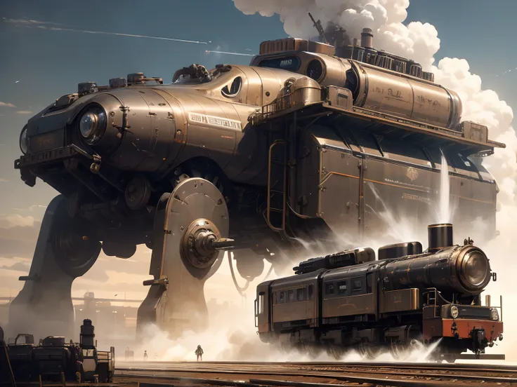 Robotic army train, massive, futuristic steampunk, steam jet engine, steam mechanisms, hyper details