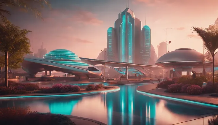 A futuristic Atompunk utopian metropolis with lots of Googie and Mid Century Modern architecture, pastels colors, soft-lighting, foco nítido, qualidade 8k, Foto RAW