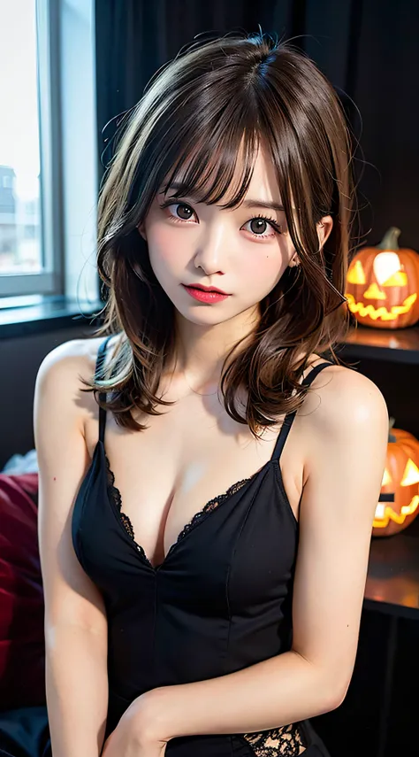 (8K, Raw photo:1.2)Detailed face and eyes,Best Quality, 超A high resolution, Highly detailed ,intricate detailes ,masutepiece ,Cute Girl , Soft cinematic light, Hyper-detailing,Sharp Focus, High quality,  Halloween, Jack-o-lantern, tits out, a blond, Bob Ha...