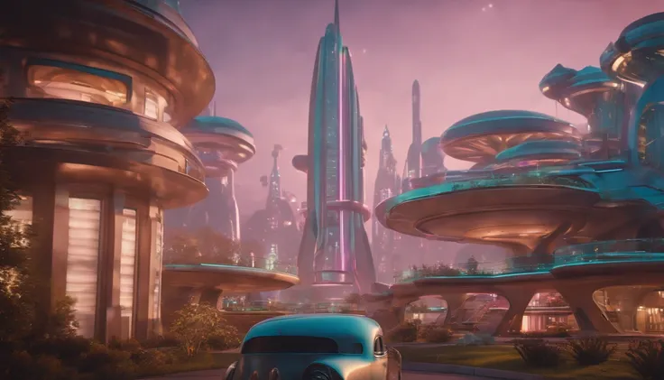 A futuristic Atompunk utopian metropolis with lots of Googie and Mid Century Modern architecture, pastels colors, soft-lighting, foco nítido, qualidade 8k, Foto RAW