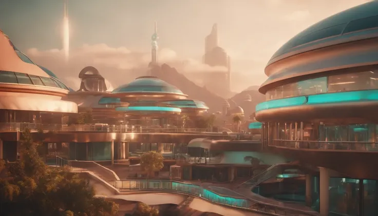 A futuristic Atompunk utopian metropolis with lots of Googie and Mid Century Modern architecture, pastels colors, soft-lighting, foco nítido, qualidade 8k, Foto RAW