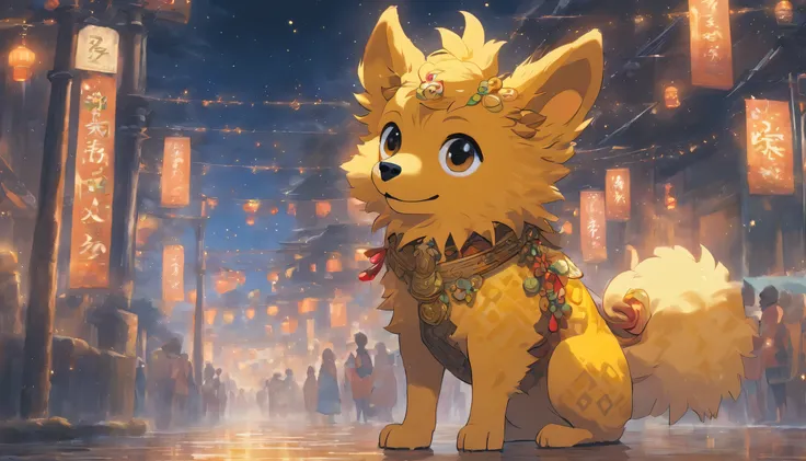 Zodiac dog Furry yellow dog, ,Big eyes, Wear festive attire, Standing on the side of the street, Ancient style, Artistic touch，Snes painting