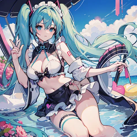 Big breasts Hatsune Miku，Bigchest，the maid outfit，revealing her belly，Bare legged