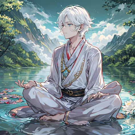 A white-haired boy，（Anime boys：1.2）Meditate on the lotus，The water is calm，Backed by mountains and rivers，The galaxy is brilliant，Manhwa Style，HD graphics