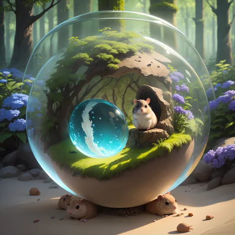 Cute anthill，Its covered with moss and cute hamsters，Made of sand，Blue Higan flowers bloom，Transparent fog，The hemispherical shape looks down from the sky，fanciful，Artistically