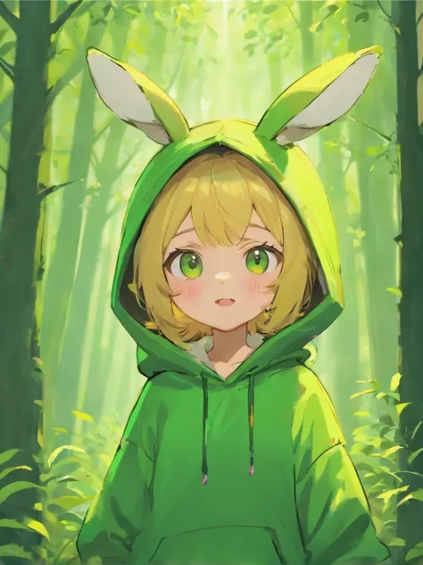 cute bunny with fluffy fur wearing a green hoodie, in the forest, grinning from ear to ear, disney and pixar style drawing, adorable digital painting, cartoon character, 3d render, bright lighting, vivid colors,