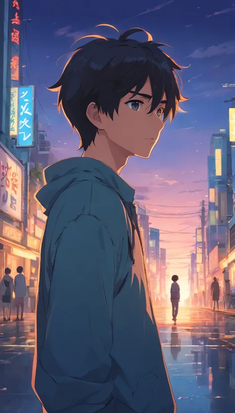 1man,masterpiece,best quality, ultra high res, dusk,cityscape,depth of field, short black messy hair, solo male, big brother, got burned on the face