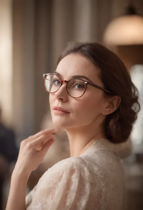 A woman wearing glasses landing for a commercial photo that will run in an internet campaign