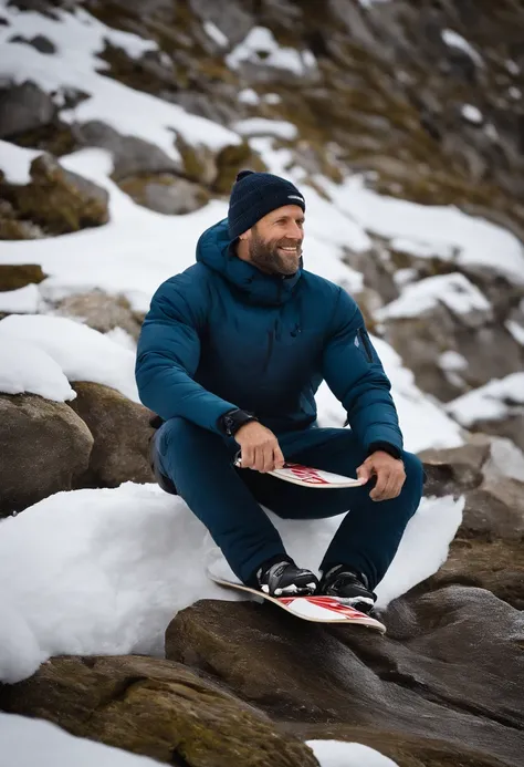 skier sitting on the snow with his snowboard in the air, holding a snowboard, jason statham skiing, 🌻🎹🎼, by Emma Andijewska, 🦩🪐🐞👩🏻🦳, cold as ice! 🧊, wonderful masterpiece, 🕹️ 😎 🚬, by Magdalene Bärens, minna sundberg