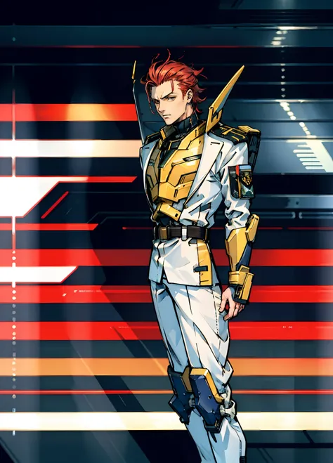 A man with short red-gold hair, hair slicked back, thick and disheveled hair, a cold and ruthless gaze, a confident expression, wears a two-piece futuristic military-style uniform, primarily in shades of white and red, accented by touches of yellow, stream...