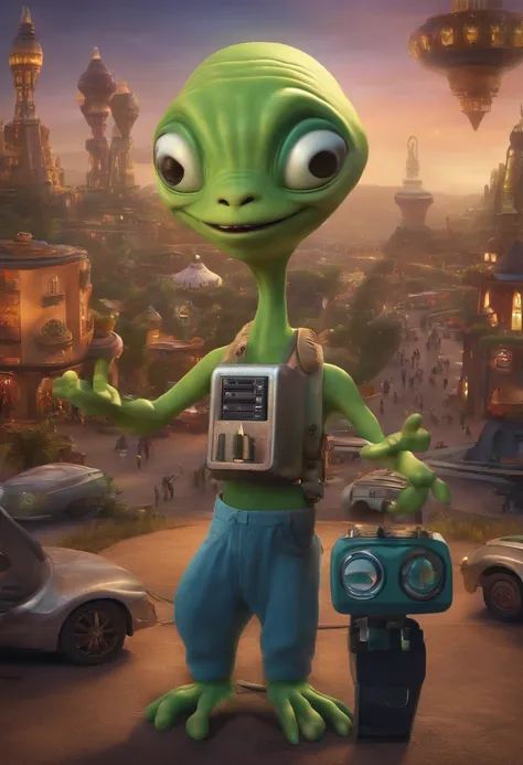 Create an image of a cute alien smiling and holding a remote control device, turning an entire city into an alien amusement park.