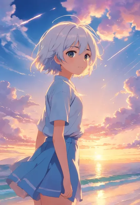 obra-prima, melhor qualidade, filme ainda, 1boy, white cloat, floating into the sky, white hair , brilhante, feliz, Soft lighting and Warm, sun sunset, (Sparks: 0,7)