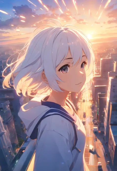 obra-prima, melhor qualidade, filme ainda, 1boy, white cloat, floating into the sky, white hair , brilhante, feliz, Soft lighting and Warm, sun sunset, (Sparks: 0,7)