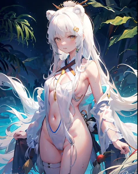 1girll, 独奏,，Long silver-white hair， dual horsetail，Bear headdress，Upper body nudity，Lower body nudity，The kinky is exposed ，perspired，Lots of sweat，liquid milk，