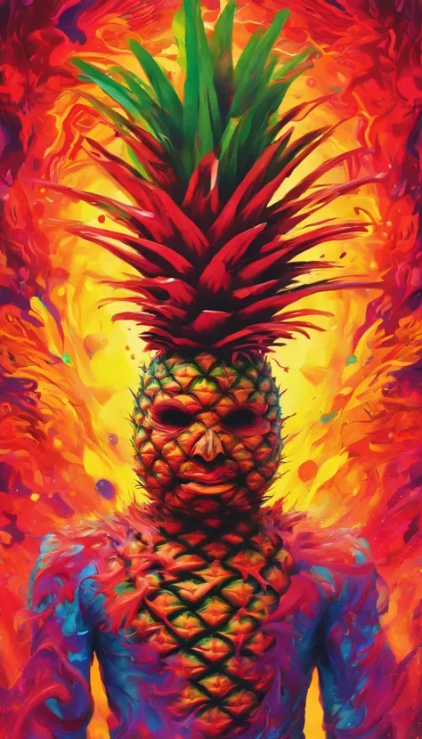 A male made from a Pineapple, Angry, Perfect body, perfect face Cinematic, Terror, horror, Red bioluminicense, HD, Dark fantasy, dripping paint colors