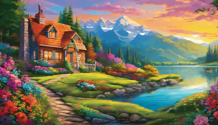 painting of a cottage, flowers beside of fence, fence along the road,  mountain landscape with a lake and a boat, illustration matte painting,  inspired by Thomas Kinkade, symmetric matte painting, detailed scenery , style raw, 8 k ultra detailed