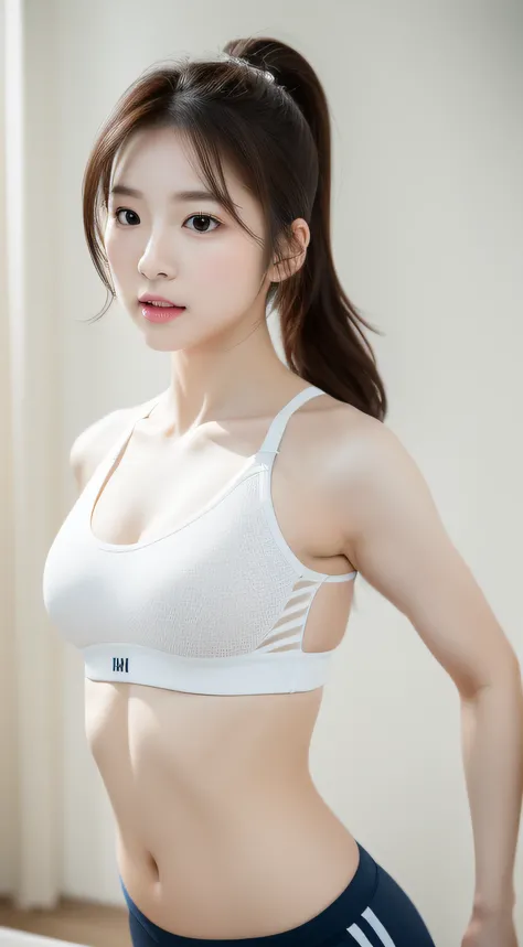 realistic photos of 1 cute Korean star, short ponytail, white skin, thin makeup, 25 inch breasts size, wearing sport bra, in exercise room, upper body portrait, UHD