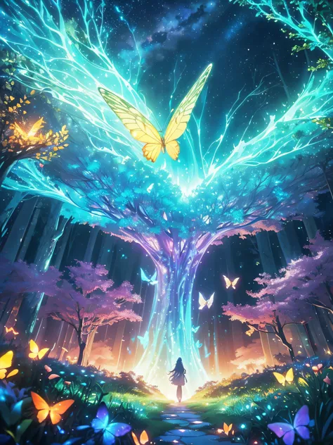 Enchanted mystical forest, neon-colored butterflies, pure blue water river spring, golden mini fairies, glowing mushrooms releasing pollen, extremely beautiful landscape, (ultra-realistic), {extremely detailed 8k CG unit wallpaper}, expansive landscape pho...