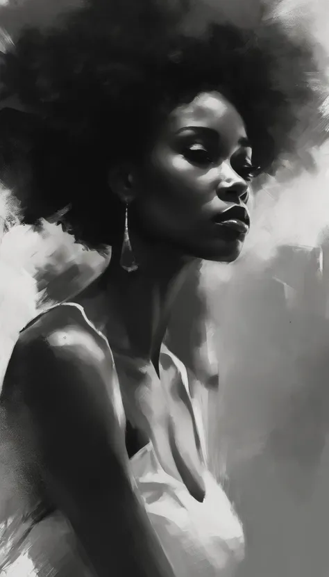 an image of a black woman with Afro , in the style of russ mills, michael garmash, charming sketches, mono-ha, contemporary asian art, lilia alvarado, concise brushwork --ar 69:128 --s 750 --v 5. 2