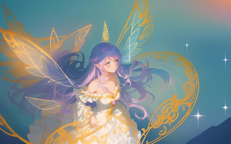 beautiful anime girl in flowing long sleeve ruffle layered ballgown, ((fairy wings)), inspired by Glen Keane, inspired by Lois van Baarle, (disney art style), by Lois van Baarle, glowing aura around her, by Glen Keane, jen bartel, glowing lights! digital p...