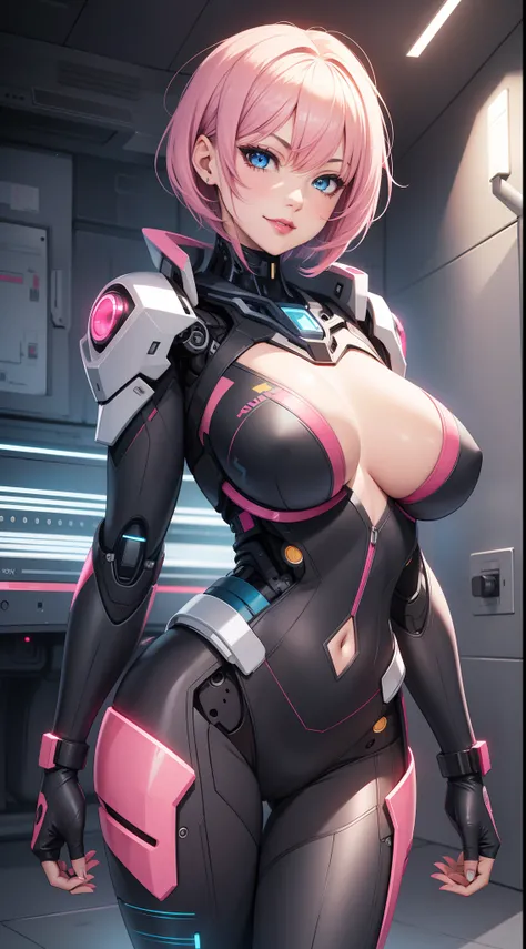 Grown-up girl, short pink hair, blue eyes, large breasts, red lipstick, smirk, Grey Plug Suit, Cyborg, Masterpiece, hiquality, 4k, HD, Good detail