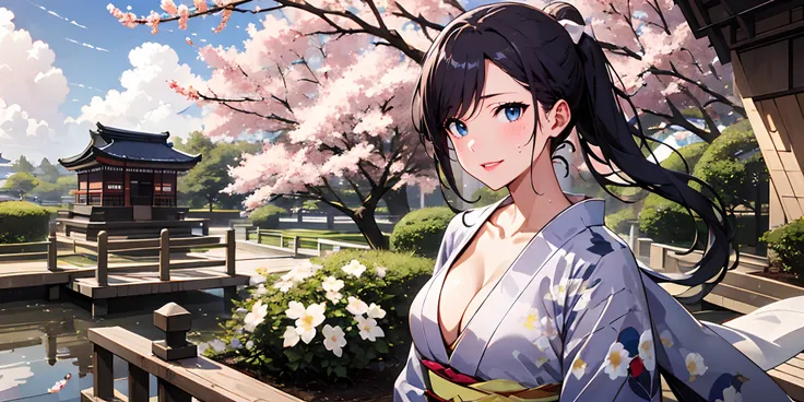 tree, day, cherry_blossoms, 1girl, japanese_clothes, sky, ponytail, kimono, black_hair, breasts, cloud, east_asian_architecture,...