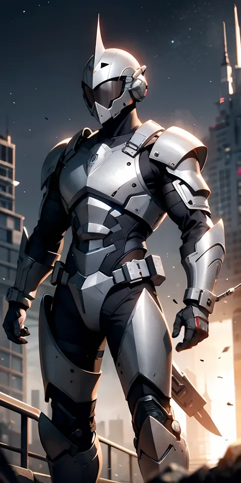 "homem com armadura de silverhawk em uma base espacial", armadura enferrujada:0.9, galaxy, foto profissional:1.3) armadura amarela, desgastada pela batalha, Technological helmet with black visor