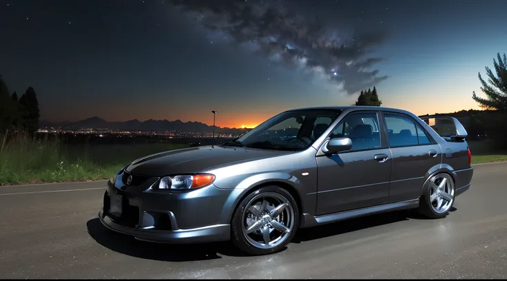 (city at night), Mazdaspeed Protege, lowered car, front view, night road, ((dark)), blue night sky, (((night))), starry sky, night mountain, (Masterpiece, Detailed, A high resolution),